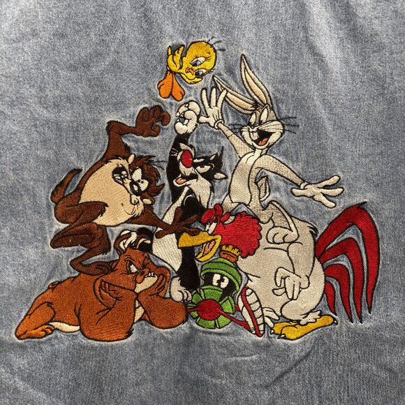 Vintage 90s Y2k Denim Work Shirt Warner Bros Studio Mens L Button Embroidery - Picture 1 of 6